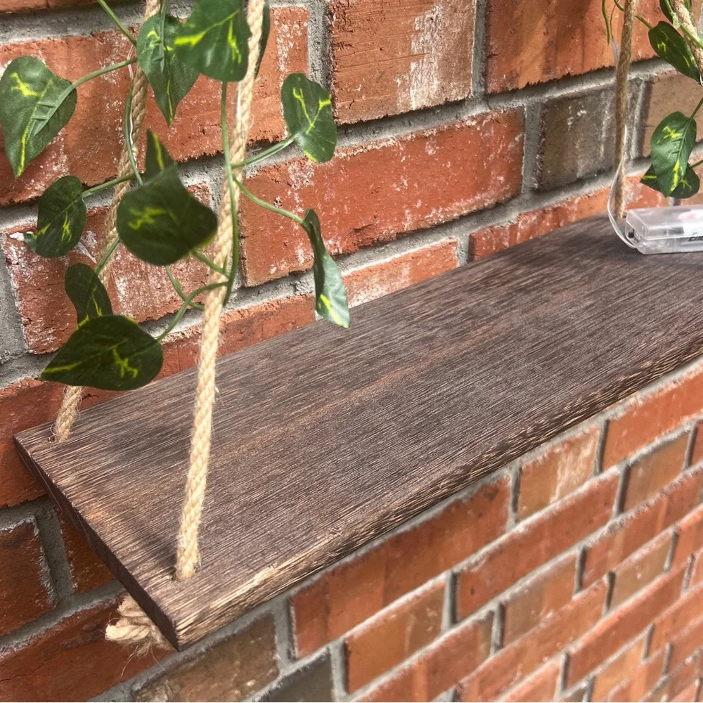 Floating Boho Triangle Wooden Wall Shelves with Green Leaves and Lights